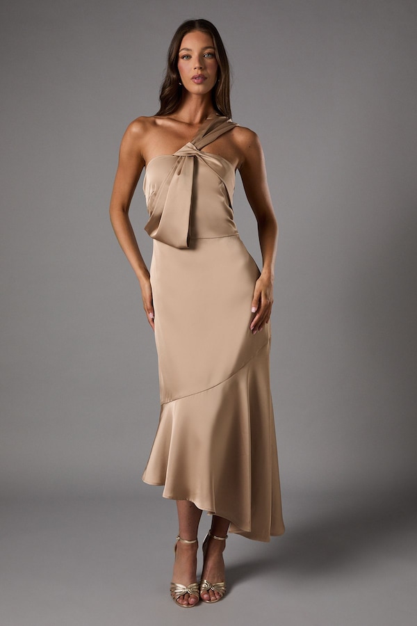 Coast Bow One Shoulder Asymmetric Satin Midi Dress Bronze
