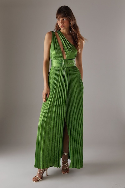 Warehouse Premium One Shoulder Belted Pleated Maxi Dress Green