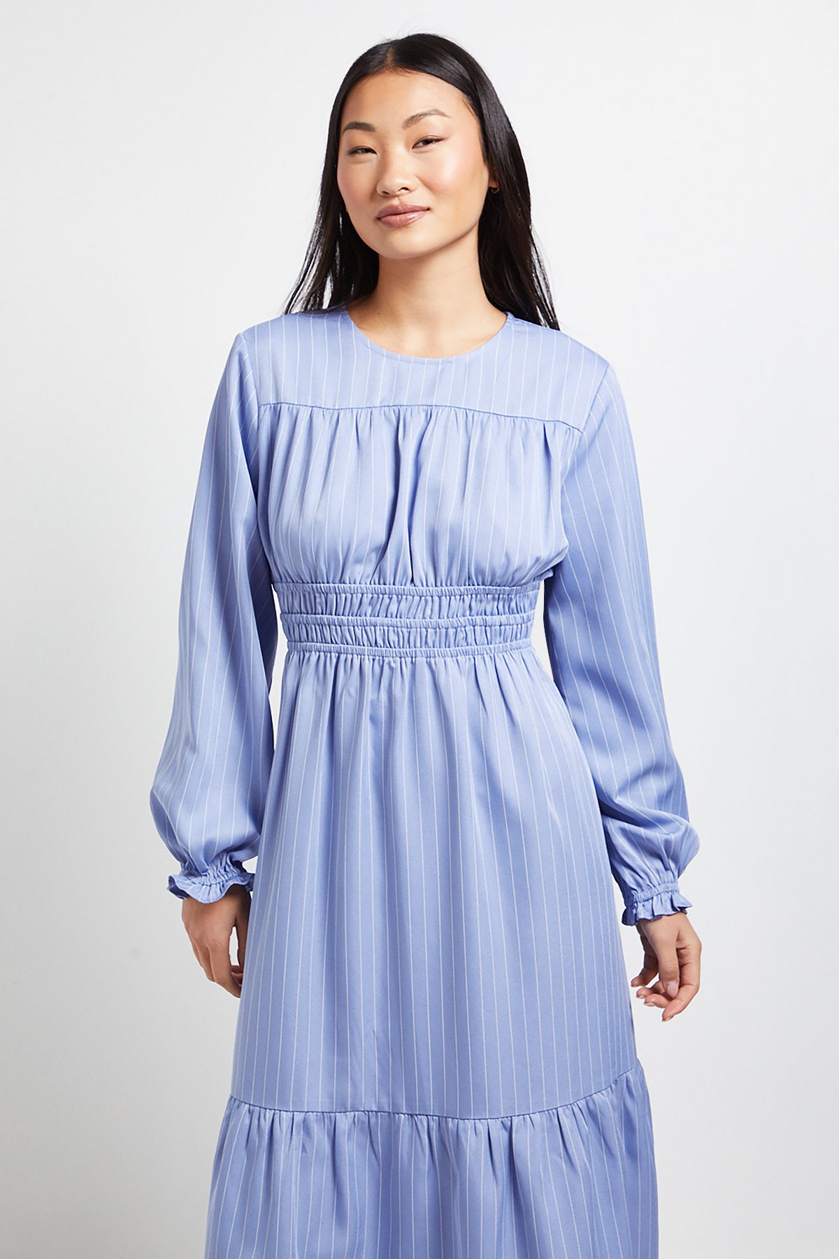Dorothy Perkins Petite Shirred Bodice Tiered Stripe Midi Dress Blue image 2
