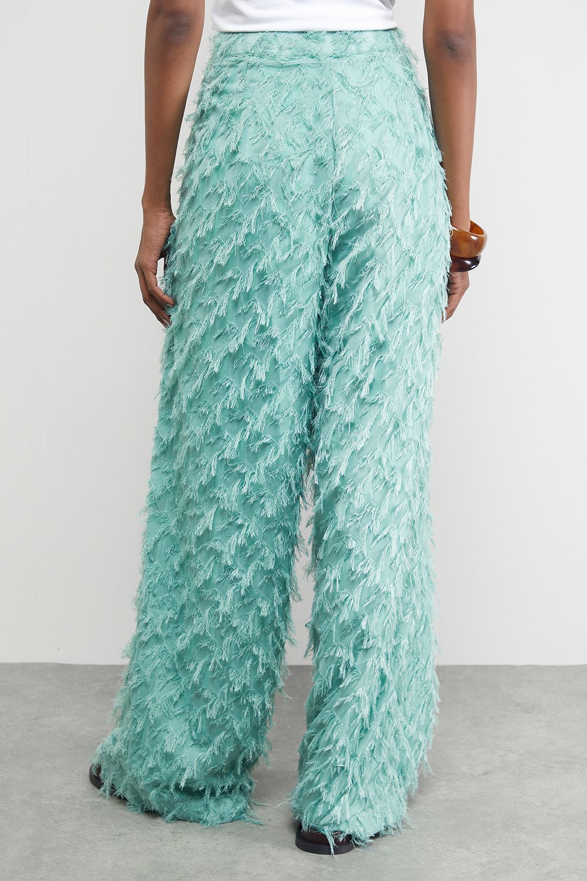 Warehouse Fluffy High Waisted Wide Leg Trouser Pale Green image 3