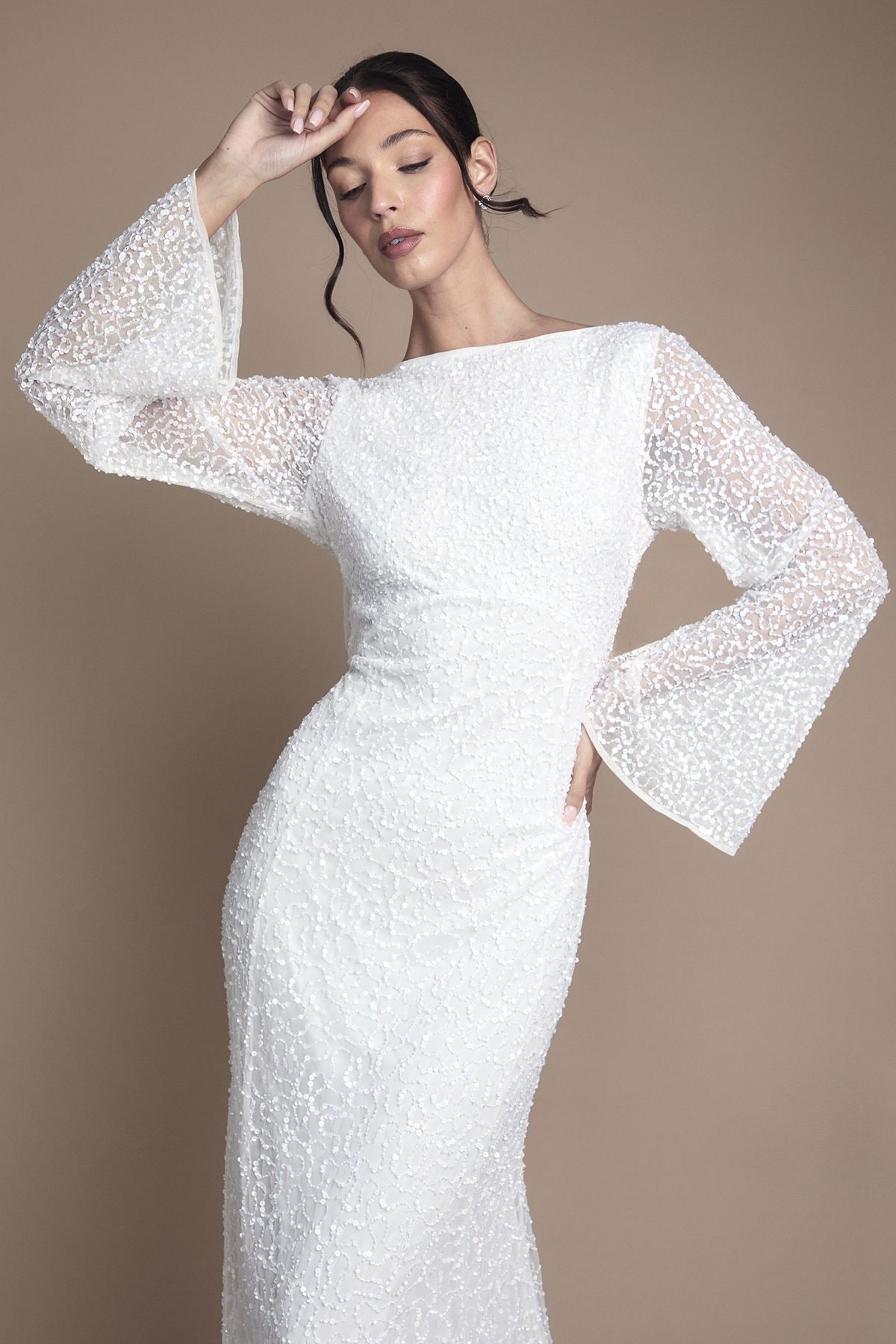 Coast Long Sleeve Flare Sleeve Cowl Back Sequin Wedding Dress Ivory image 2
