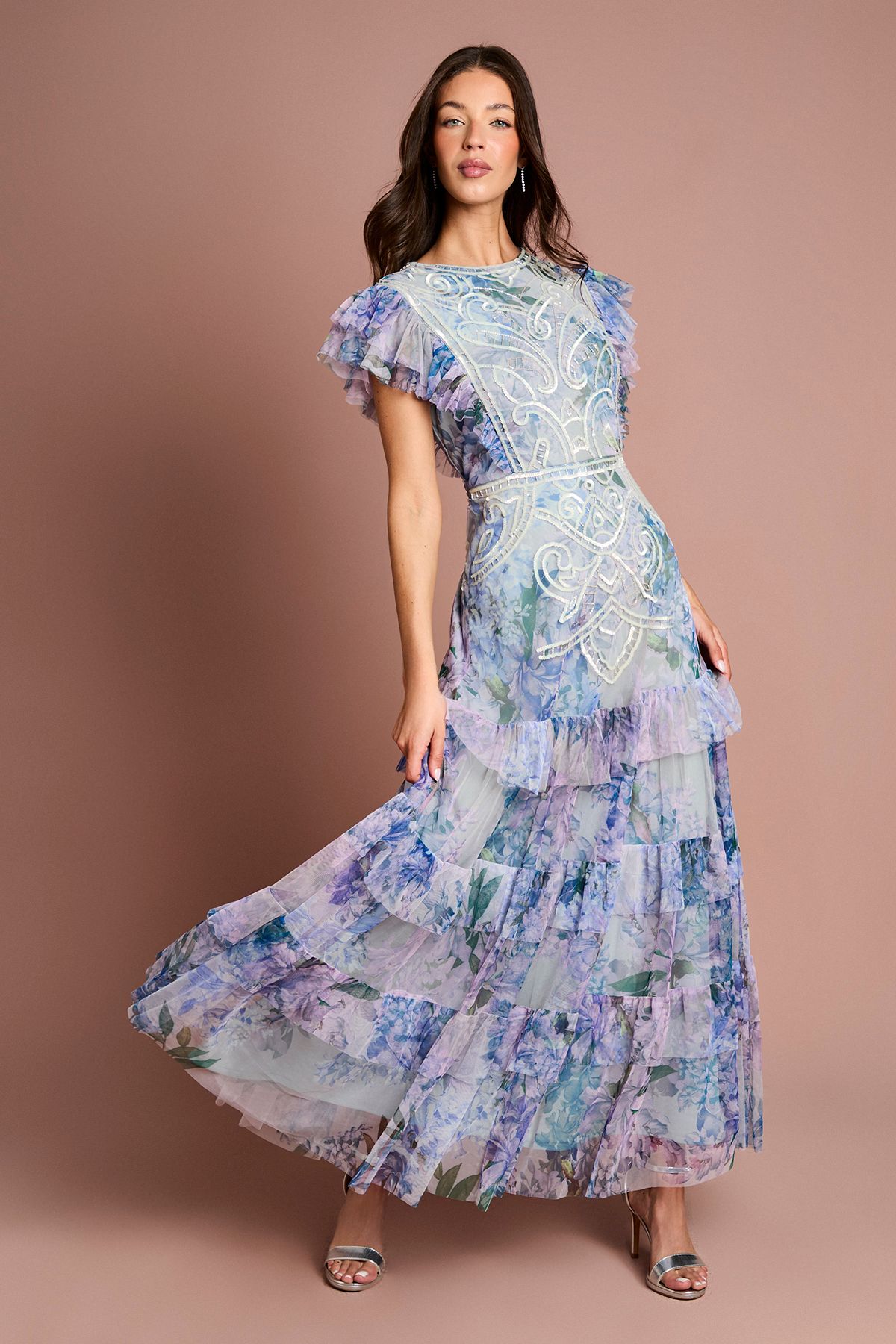 Coast Printed Mesh Sequin Maxi Dress Blue