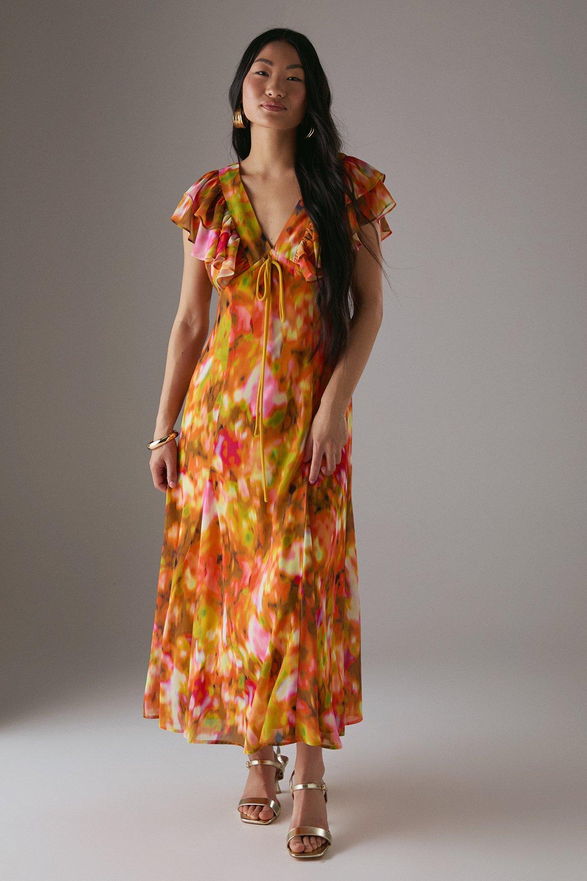 Warehouse Petite Floral Frill Tie Front Midi Tea Dress Floral image 1