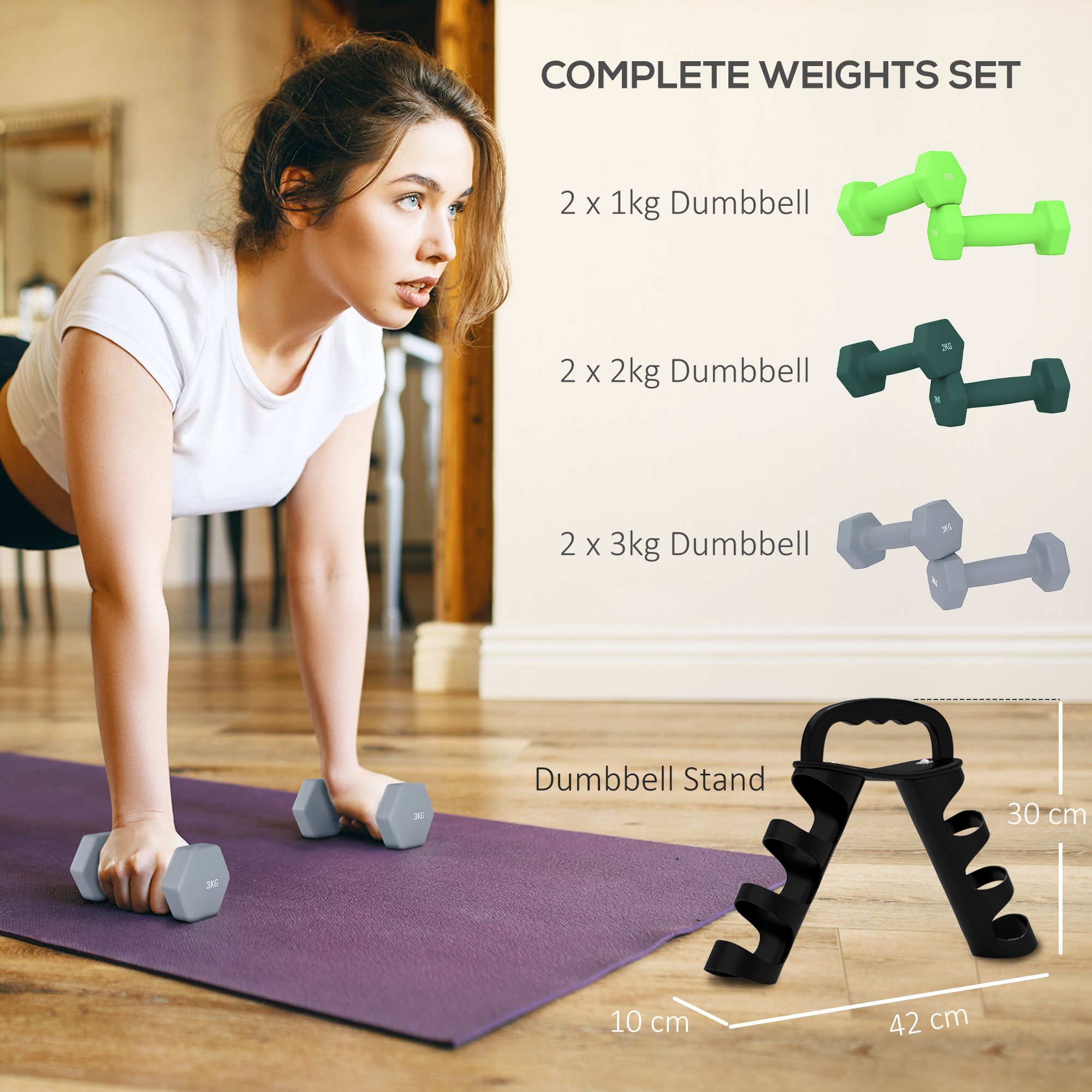 SPORTNOW Dumbbells Set with Storage Rack, 2 x 1kg, 2 x 2kg, 2 x 3kg, Green image 4