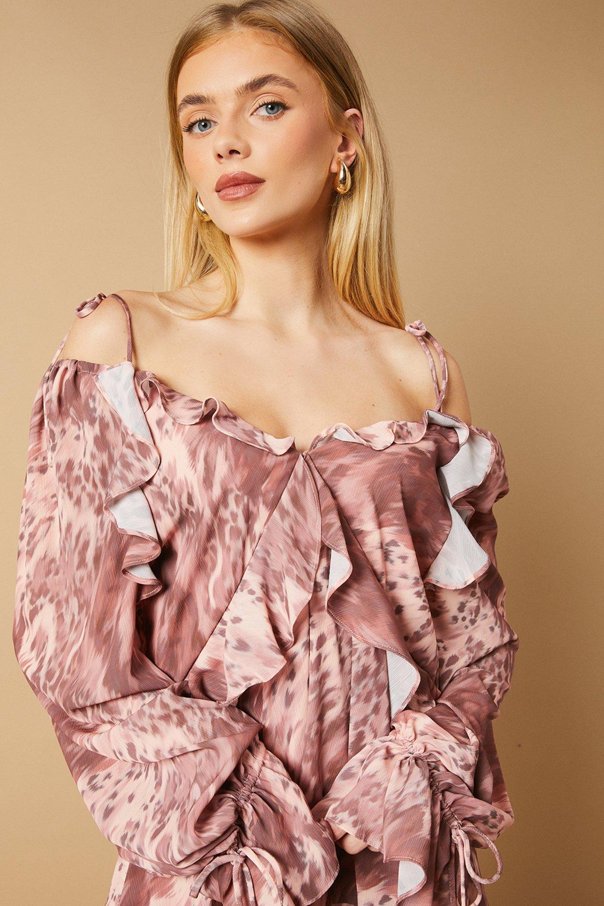 Oasis Cow Printed Ruffle Detail Mini Dress Multi image 3