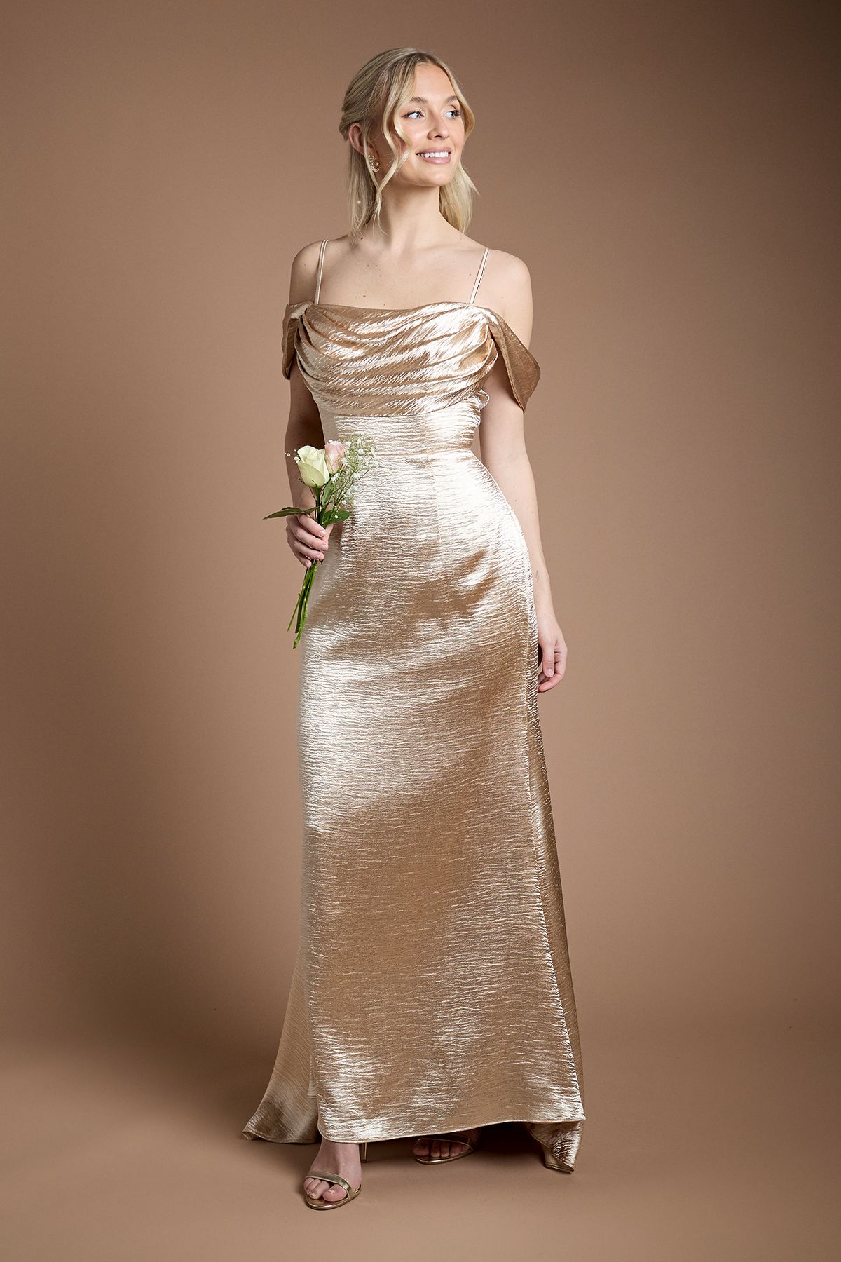 Coast High Gloss Drape Cowl Bridesmaid Maxi Dress Champagne