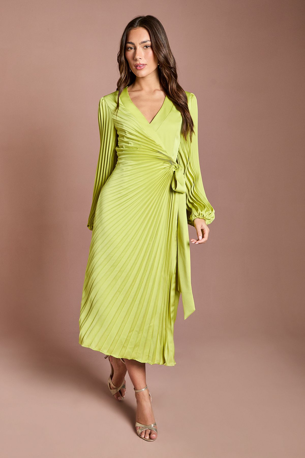 Coast Satin Pleated Wrap Dress Lime