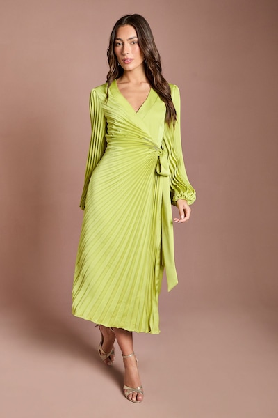 Coast Satin Pleated Wrap Dress Lime