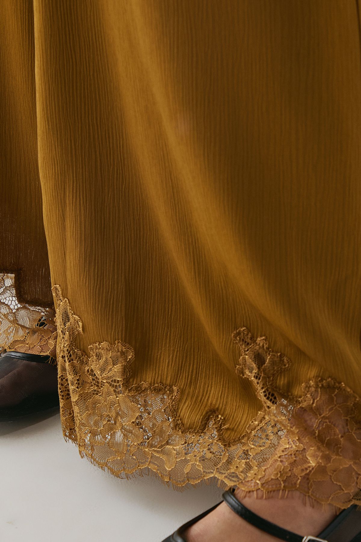 Warehouse Satin Lace Insert High Waisted Wide Leg Trousers Ochre image 4