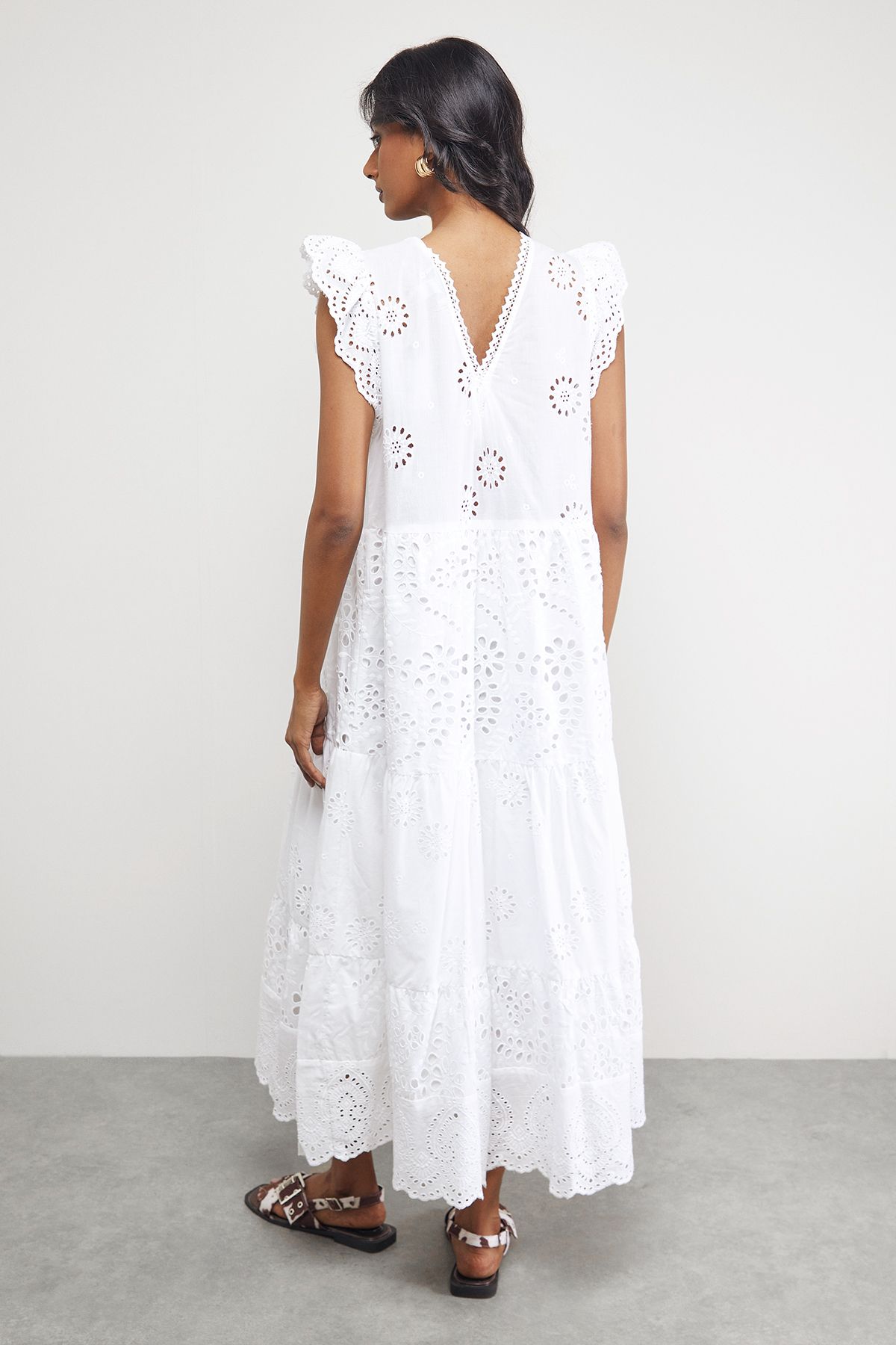 Warehouse Petite Broderie Mix Tiered Midi Dress White image 3