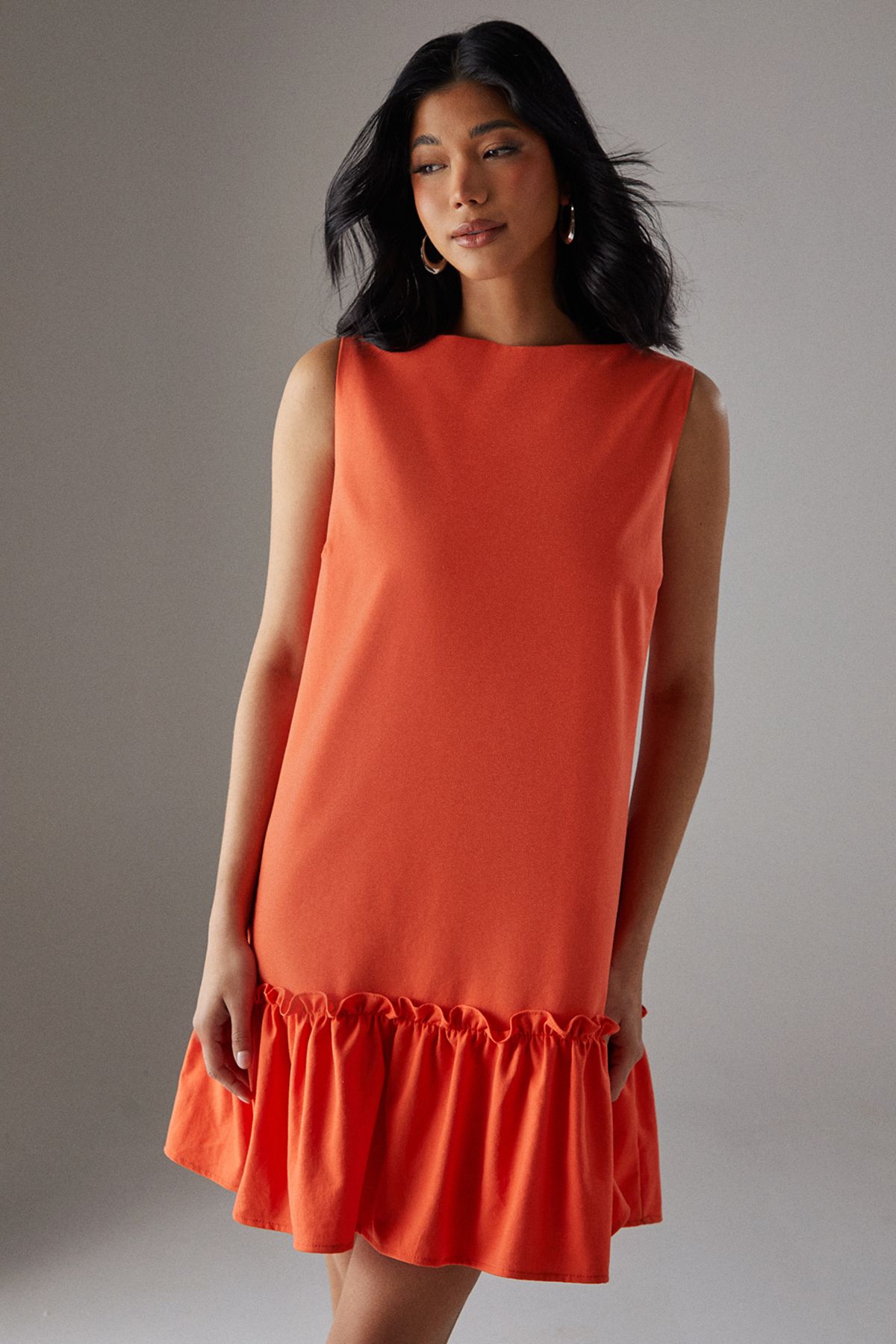 Warehouse Linen Blend Sleeveless Peplum Hem Mini Dress Orange image 2