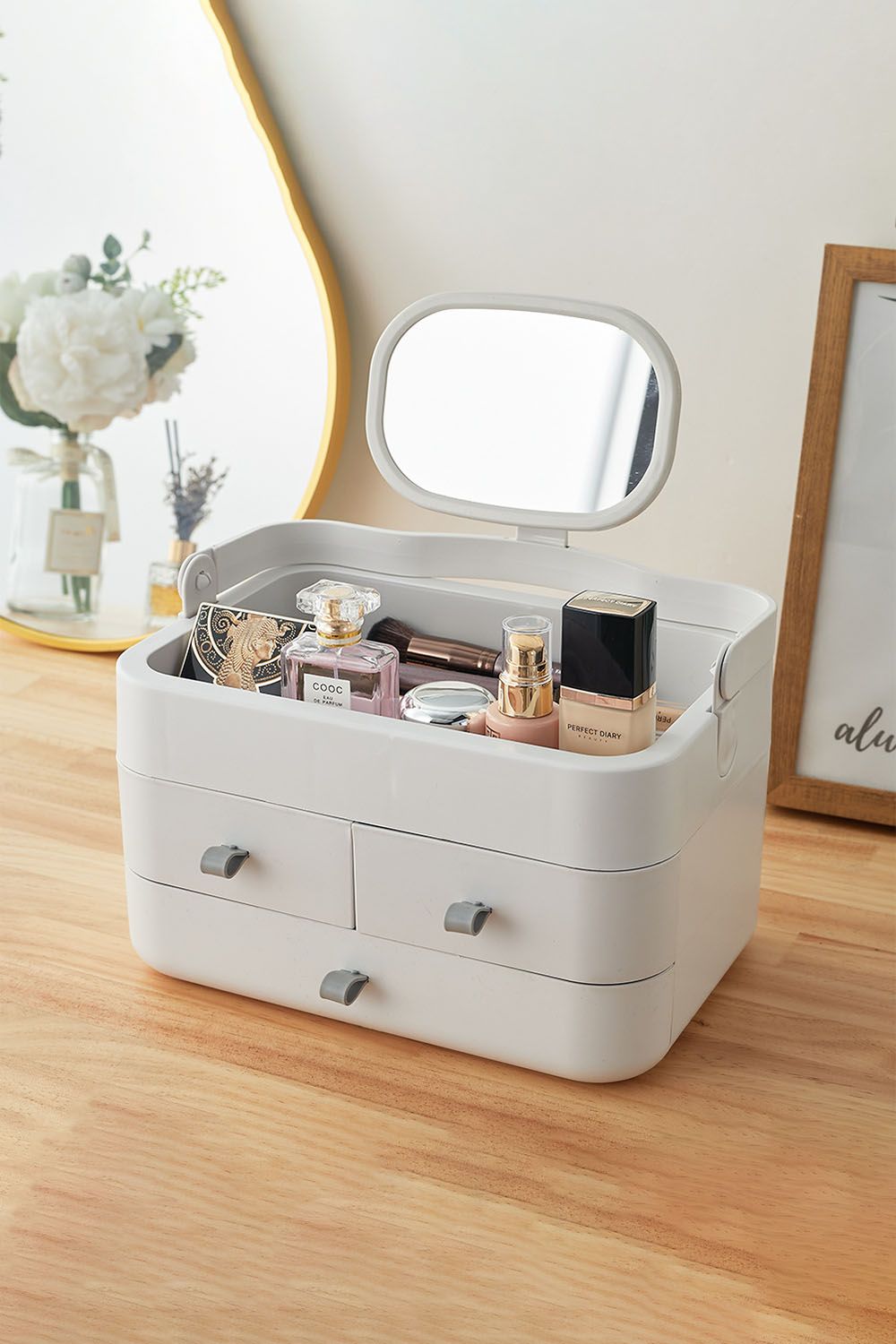 Living and Home 3 Drawers Modern Makeup Organizer with Mirror image 2