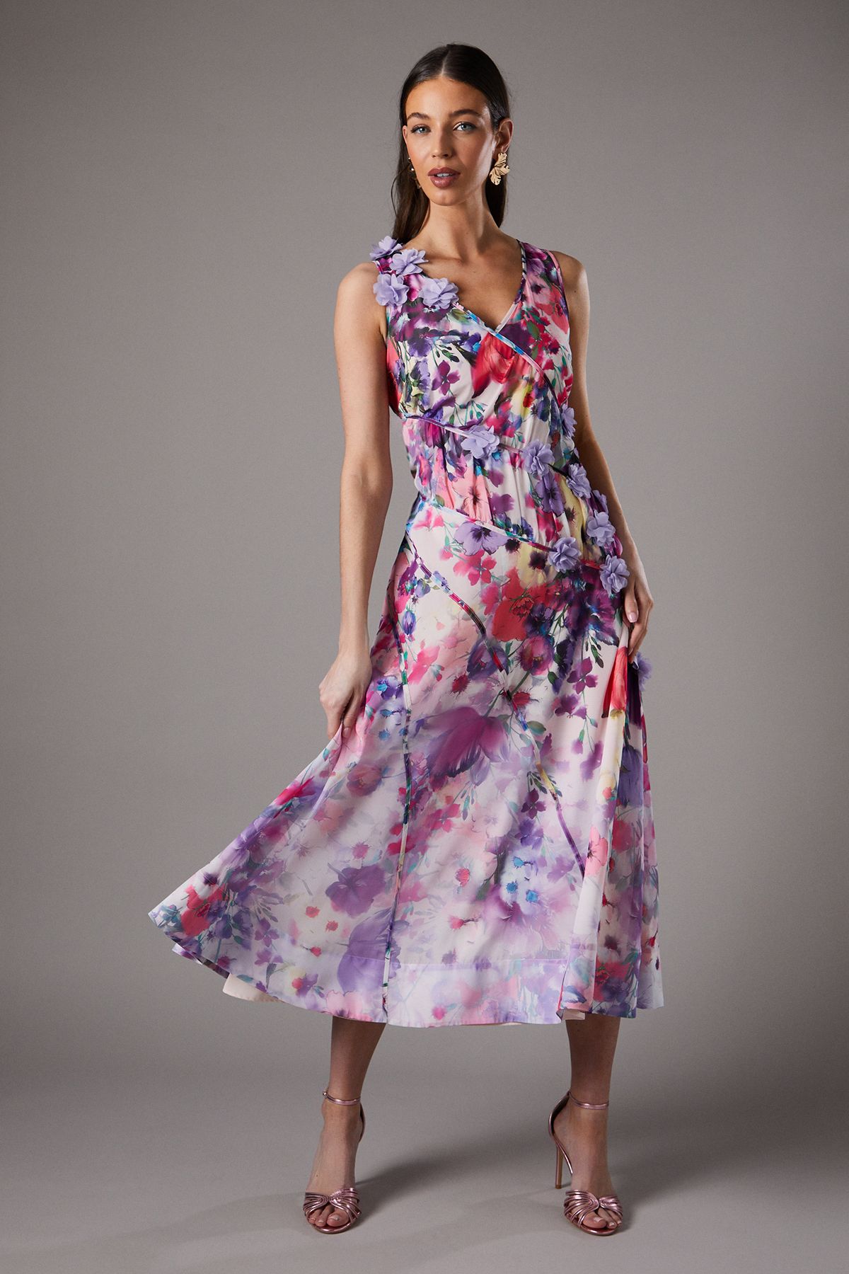 Coast 3d Flower Sleeveless Midi Dress Pink image 1