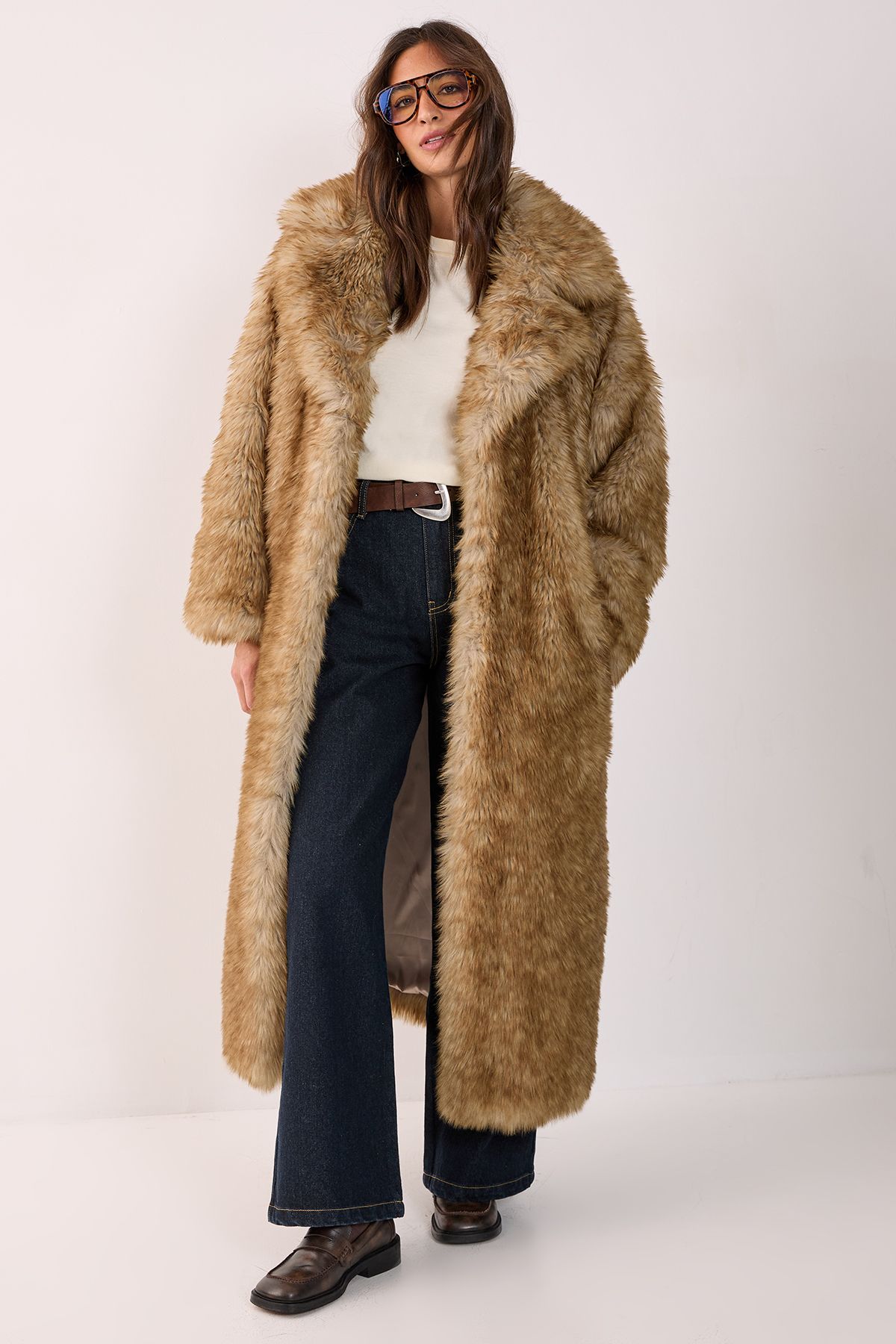 NastyGal Faux Fur Collared Longline Coat Brown image 1