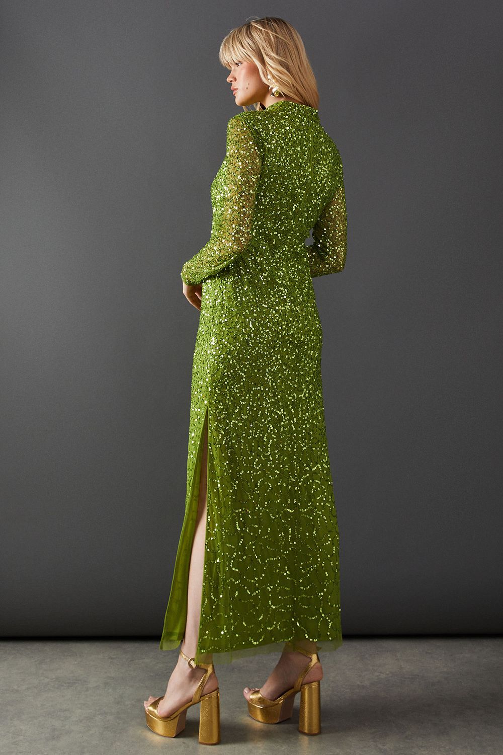 Warehouse Premium Hand Embellished Sequin High Neck Maxi Dress Lime image 3