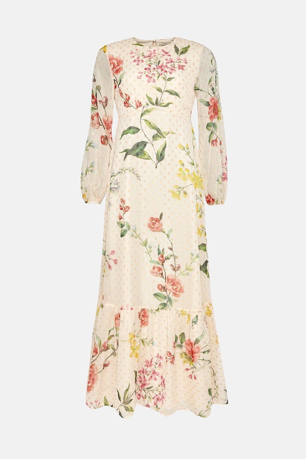 Oasis Petite Trailing Floral Metallic Balloon Sleeve Dress Ivory image 4