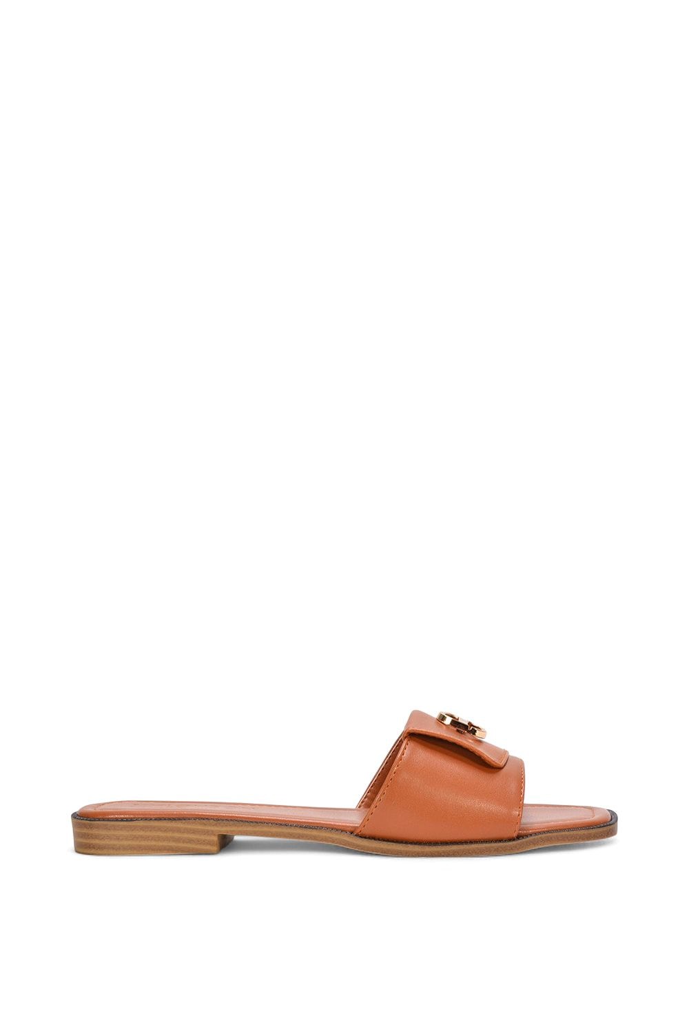 XY London 'Leigh' Open Toe Foldover Buckle Slip On Flat Slider Mules