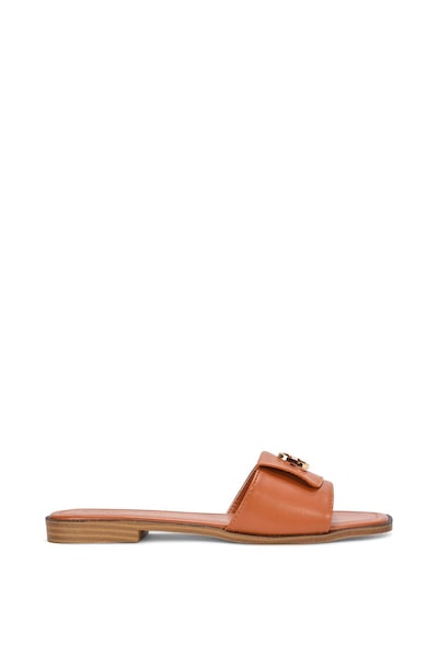 XY London 'Leigh' Open Toe Foldover Buckle Slip On Flat Slider Mules