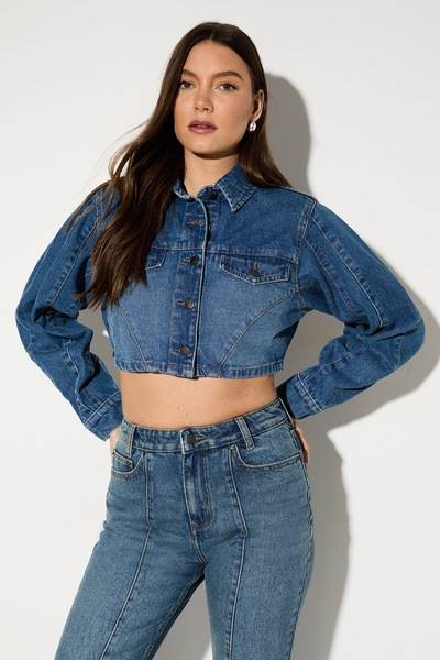 MissPap Seam Detail Cropped Denim Jacket Vintage Blue