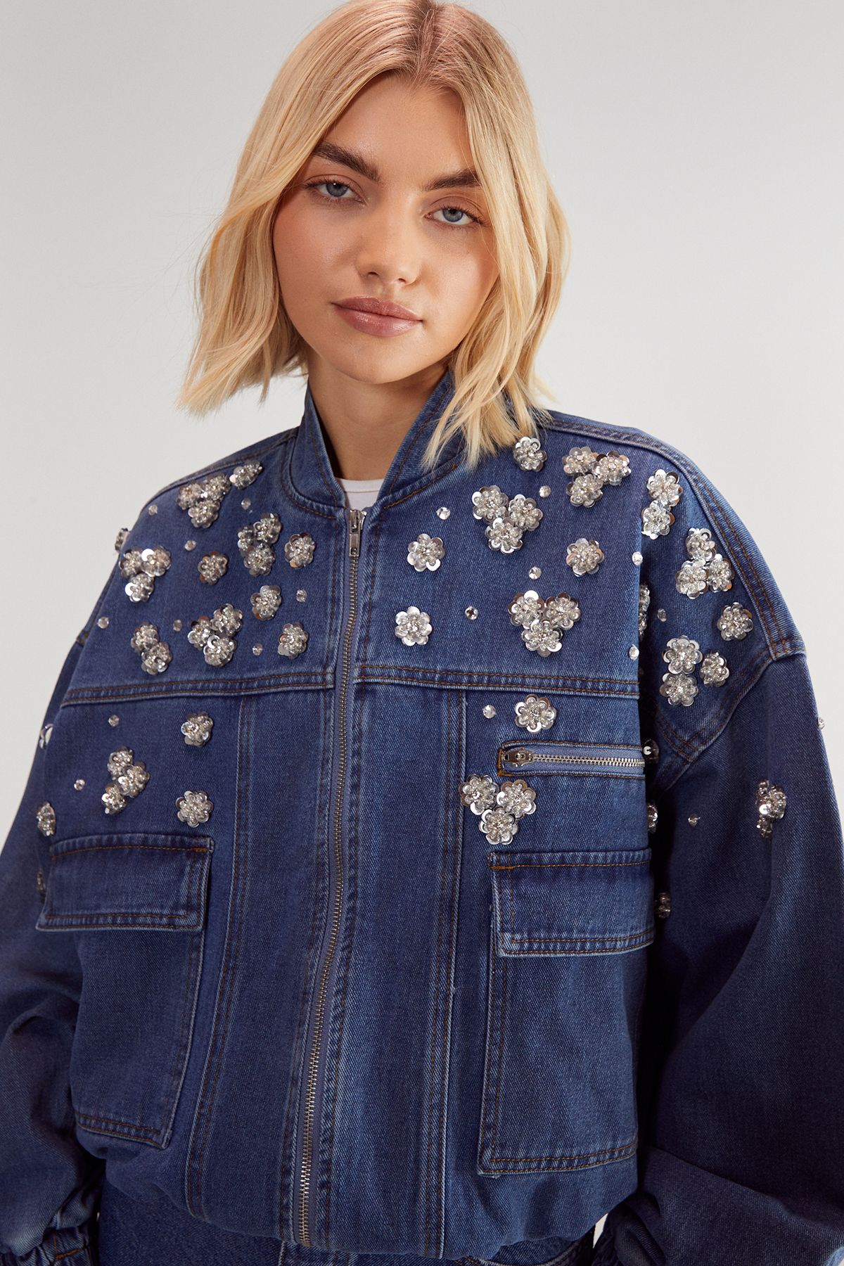 NastyGal Limited Embellished Flower Applique Jacket Authentic Denim image 3