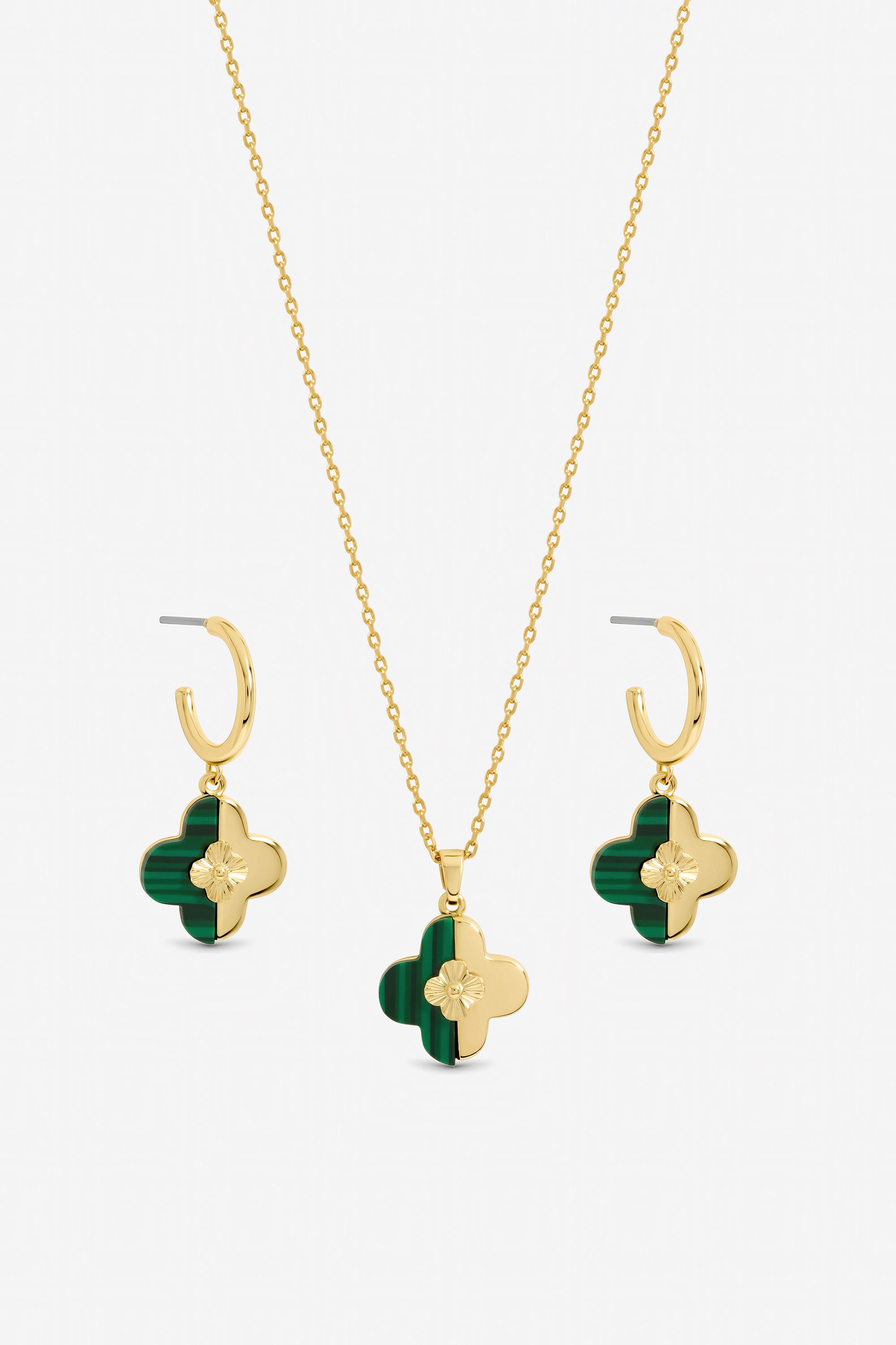 Inicio Gold Plated and Malachite Clover Set - Gift Box image 2
