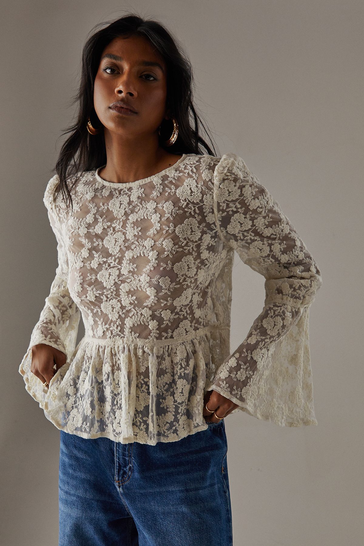 Warehouse Embroidered Mesh Flare Sleeve Blouse Ivory image 1