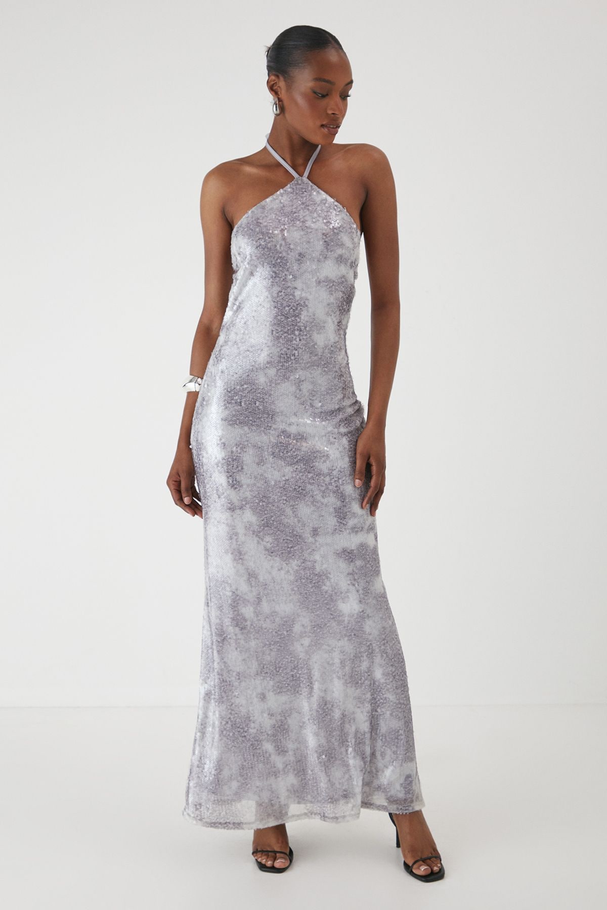 MissPap Sequin Printed Halterneck Maxi Dress Stone image 1