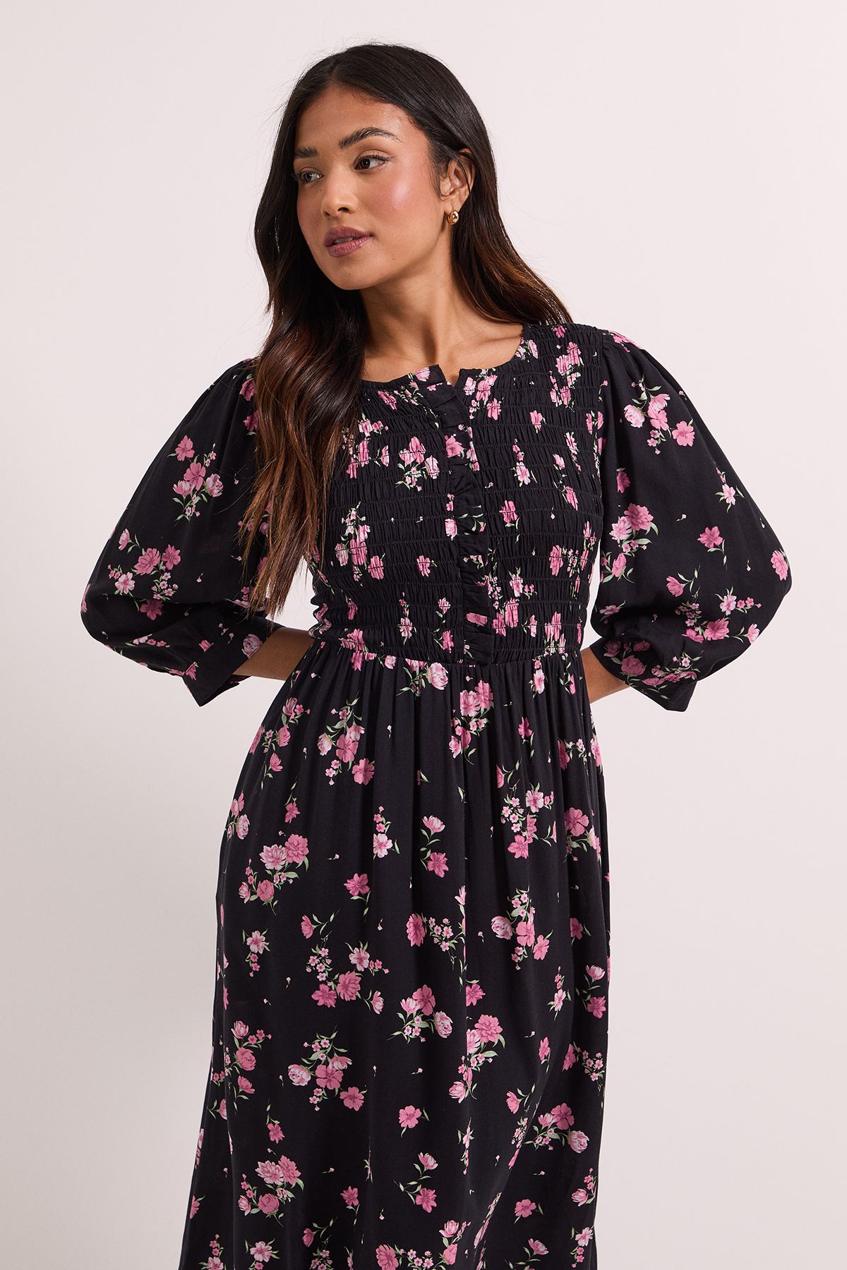 Dorothy Perkins Pink Floral Petite Shirred Bodice Button Detail Midi Dress Pink image 2