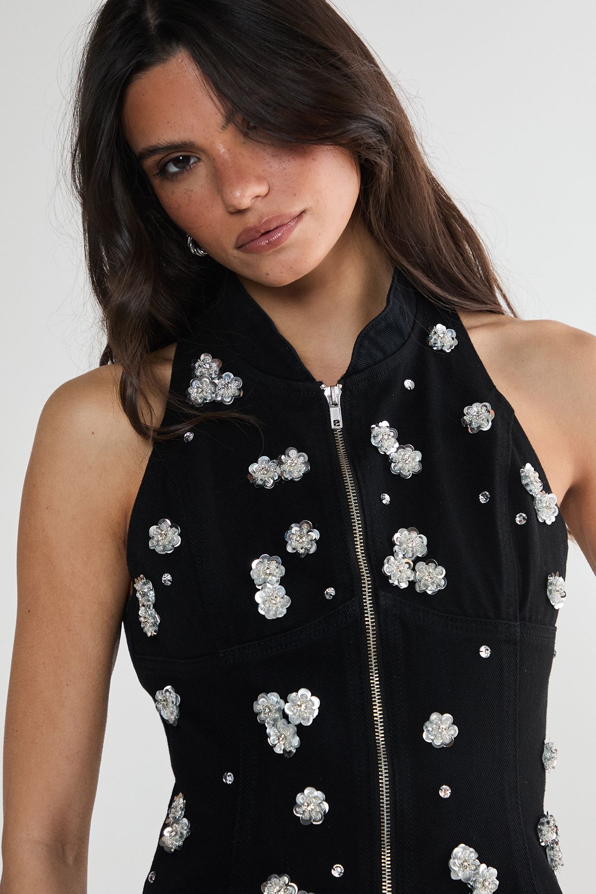 NastyGal Limited Embellished Flower Applique Mini Dress Washed Black image 3