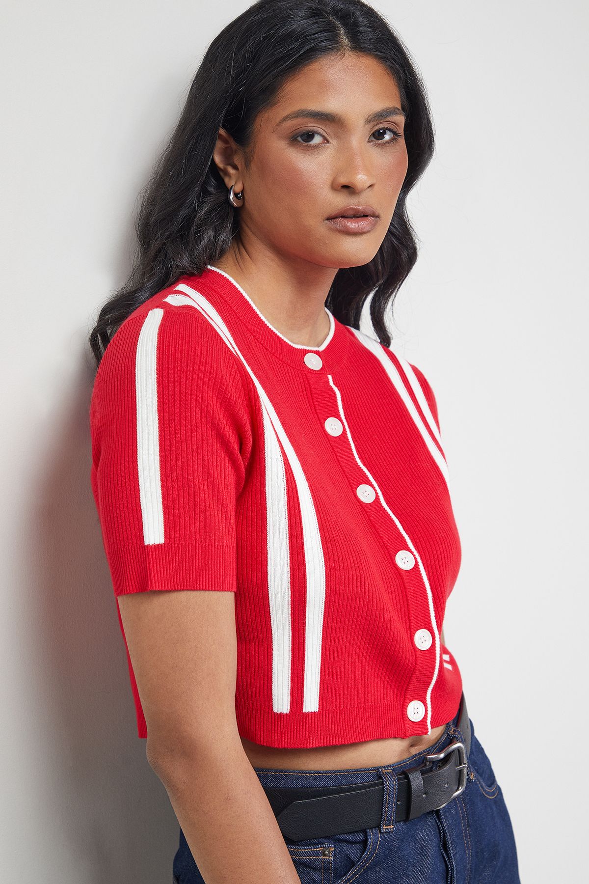 Warehouse Mini Stripe Button Through Cardigan Red image 4