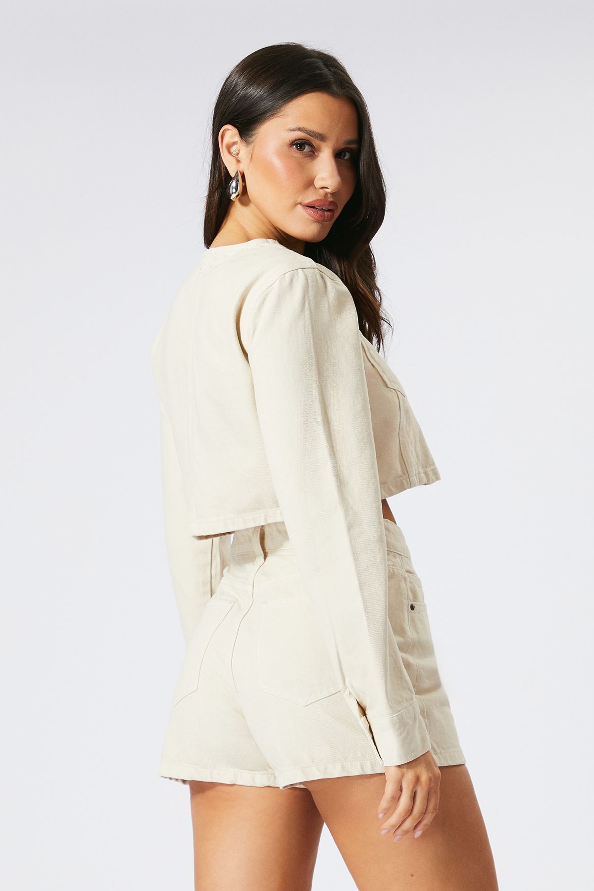 MissPap Pocket Detail Crop Denim Jacket Ecru image 4