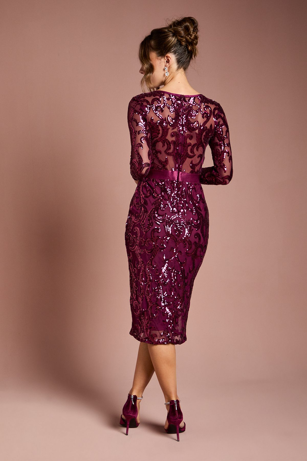 Coast Long Sleeve Bodycon Sequin Midi dress Burgundy image 3