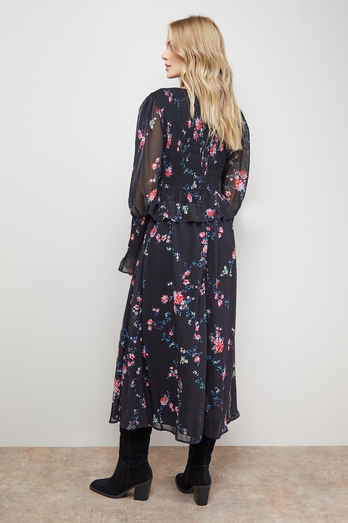 Oasis Western Shirred Bodice Long Sleeve Dress Black image 3