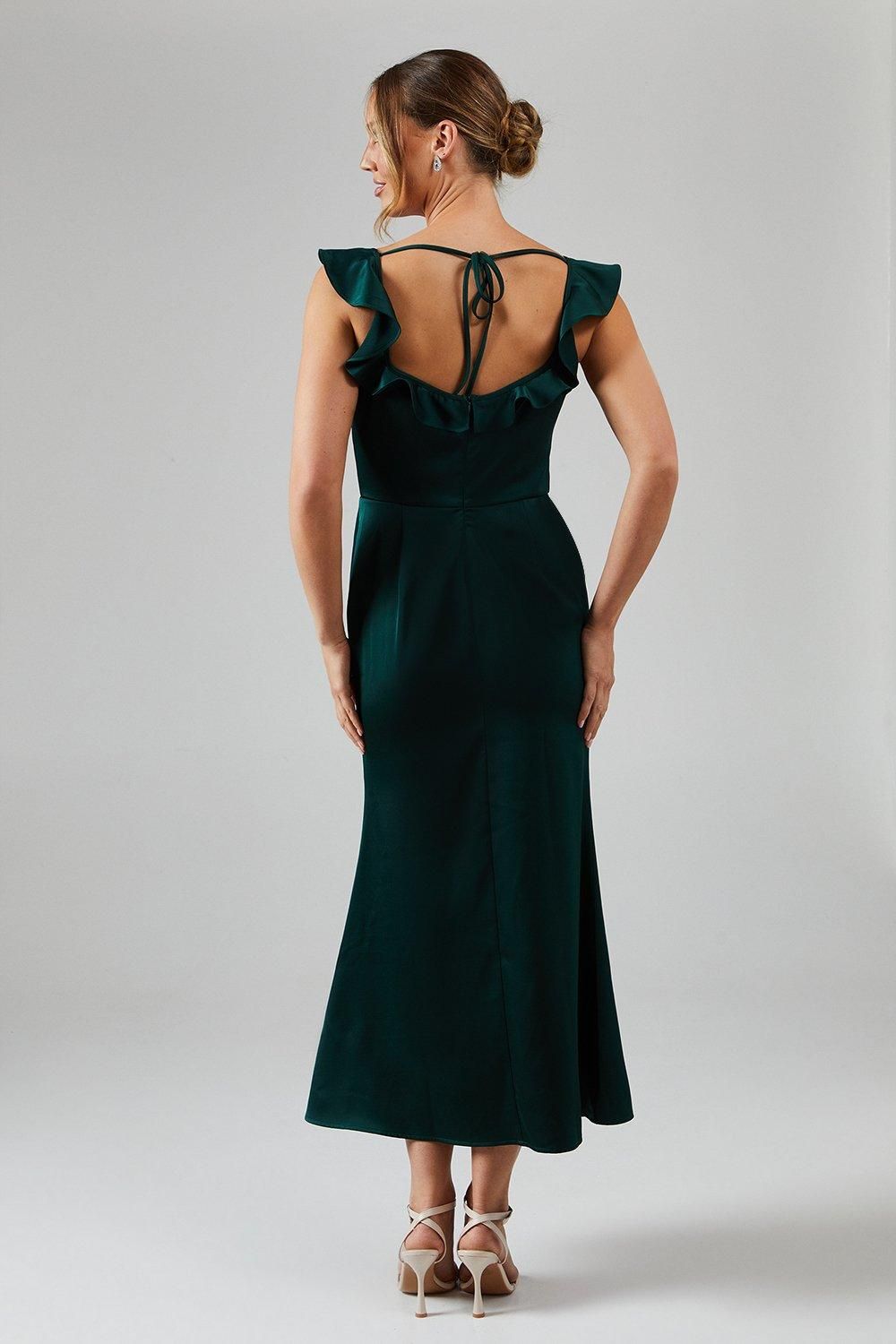 Oasis Oasis by Coast Ruffle Square Neck Satin Bridesmaid Midi Dress Emerald image 3