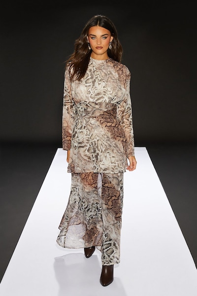 RUNWAY 1.8.1.8 Runway 1.8.1.8 Snake Pleat Bodice Sheer Skirt Maxi Dress Snake