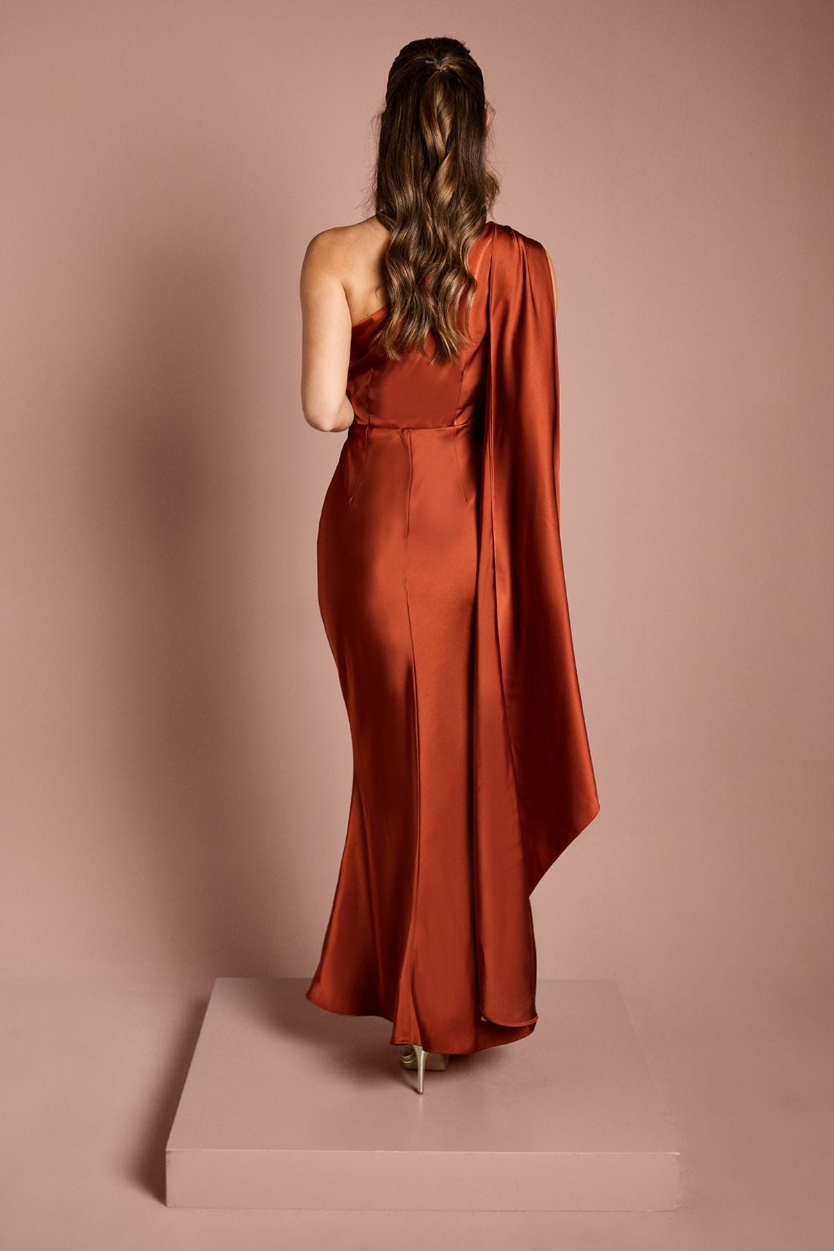 Coast One Shoulder Satin Maxi Bridesmaid Dress With Gold Trim Copper image 3