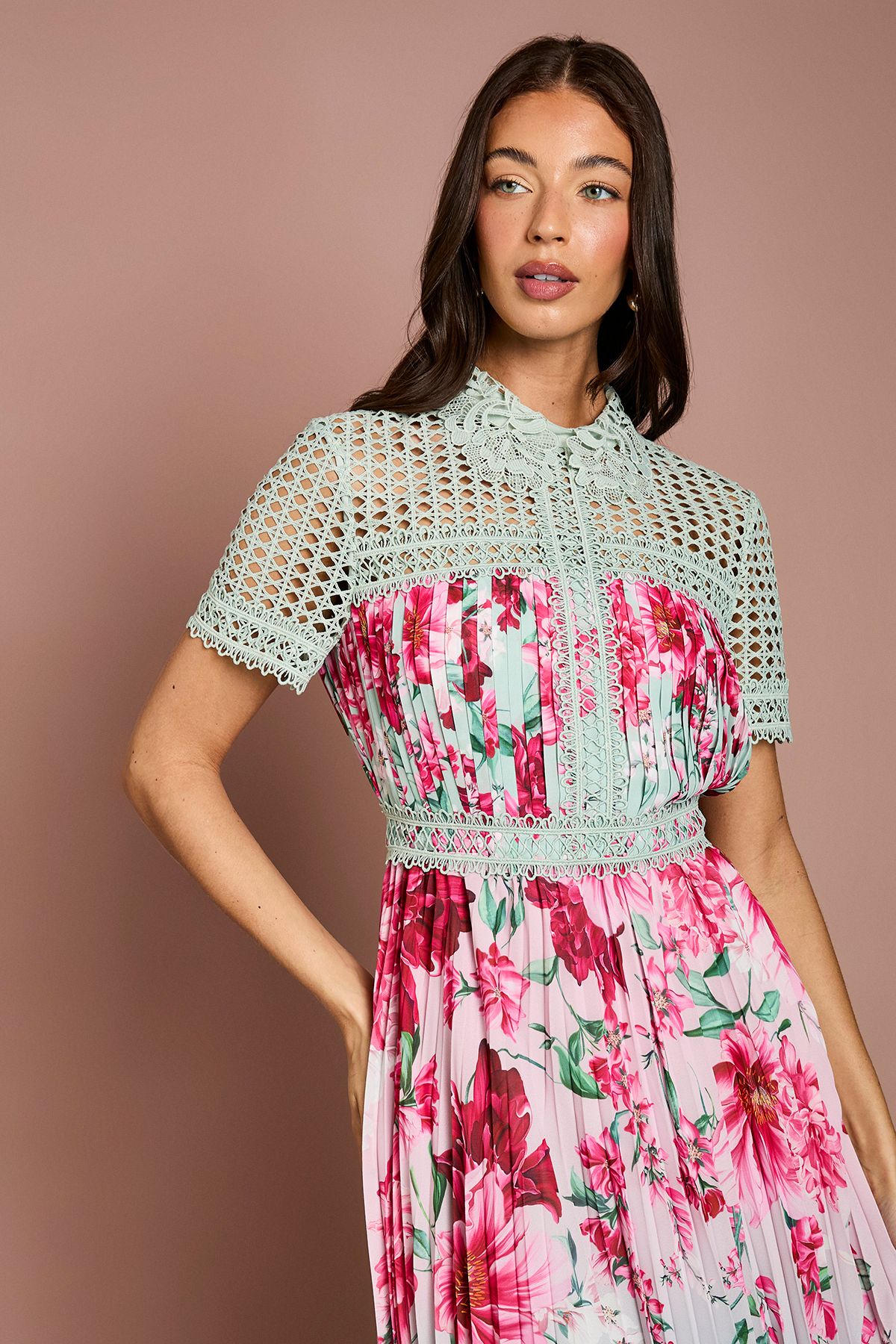 Coast Lisa Tan Lace Pleated Printed Midi Dress Sage image 2