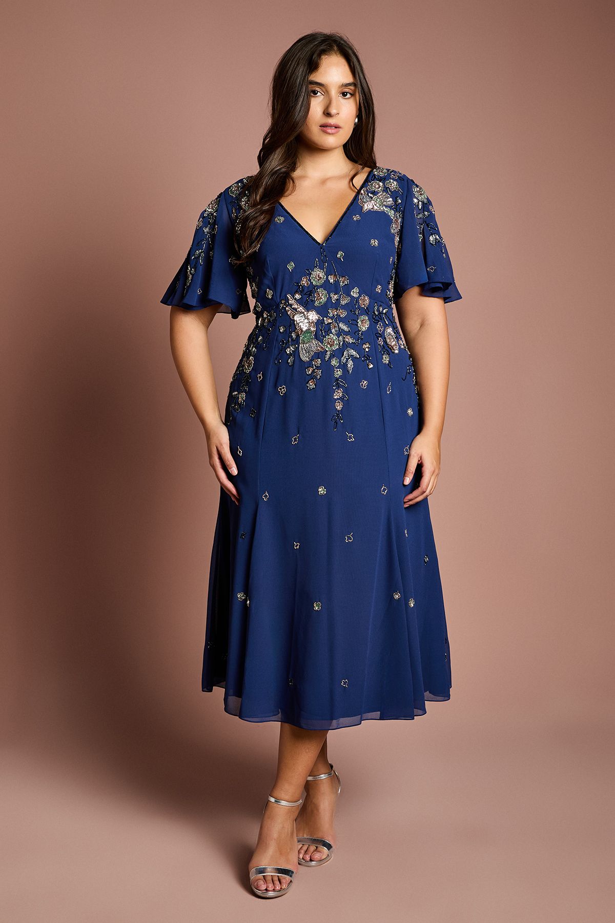 Coast Plus Floral Embellished Flutter Sleeve Midi Dress Navy image 1