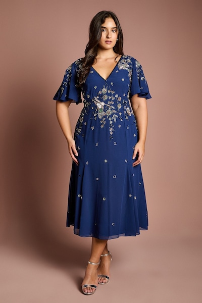 Coast Plus Floral Embellished Flutter Sleeve Midi Dress Navy
