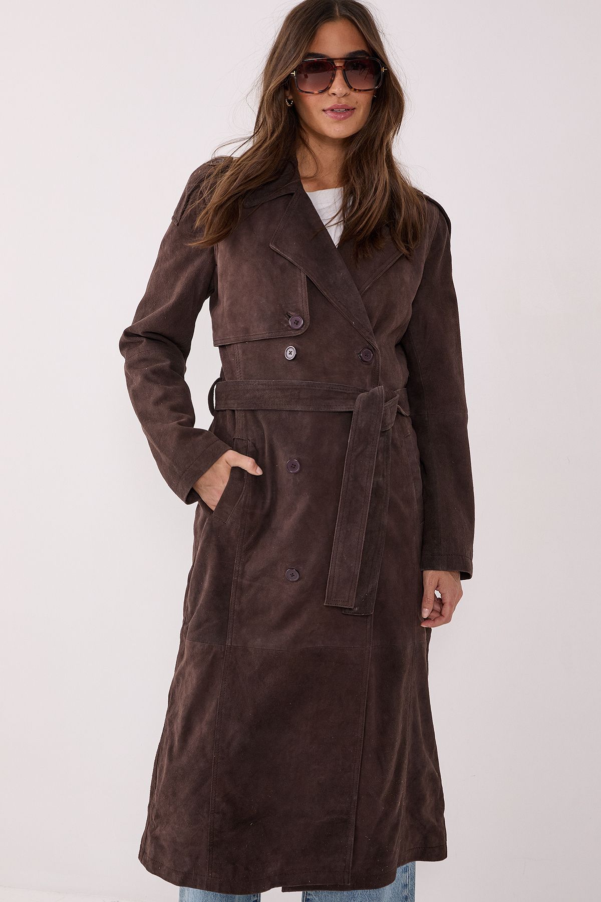 NastyGal Real Suede Trench Coat Chocolate image 2