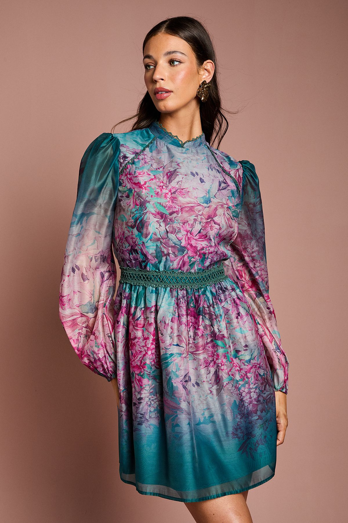 Coast Long Sleeve Organza Mini Dress With Floral Print Teal image 2