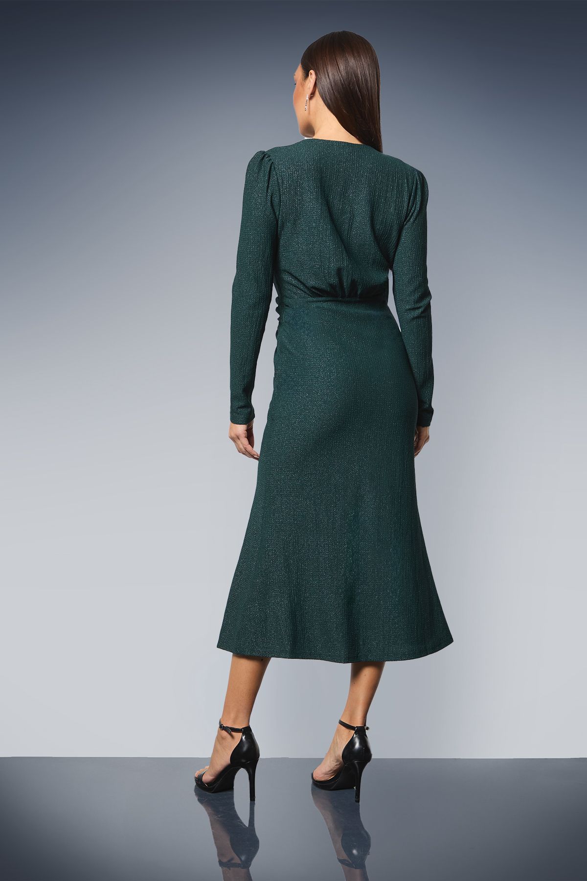 Principles Ruched Front Wrap Neck Glitter Jersey Midi Dress Forest image 3