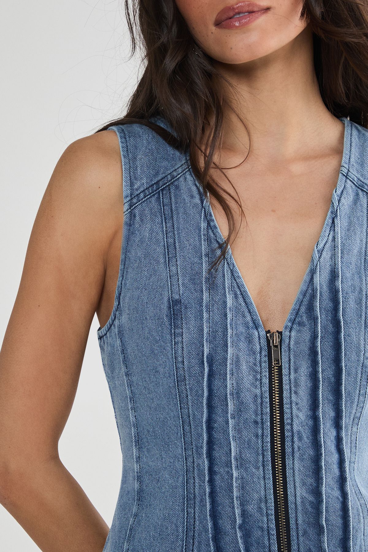NastyGal Denim Seam Detail Zip Through Mini Dress Light Wash image 5