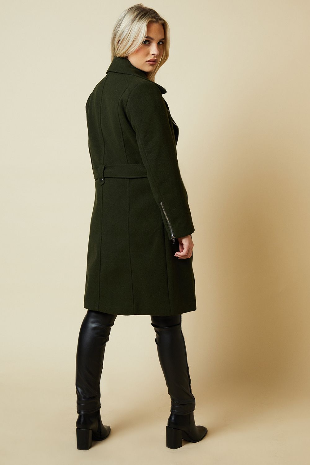 Dorothy Perkins Petite Zip Through Belted Wrap Coat Forest image 3