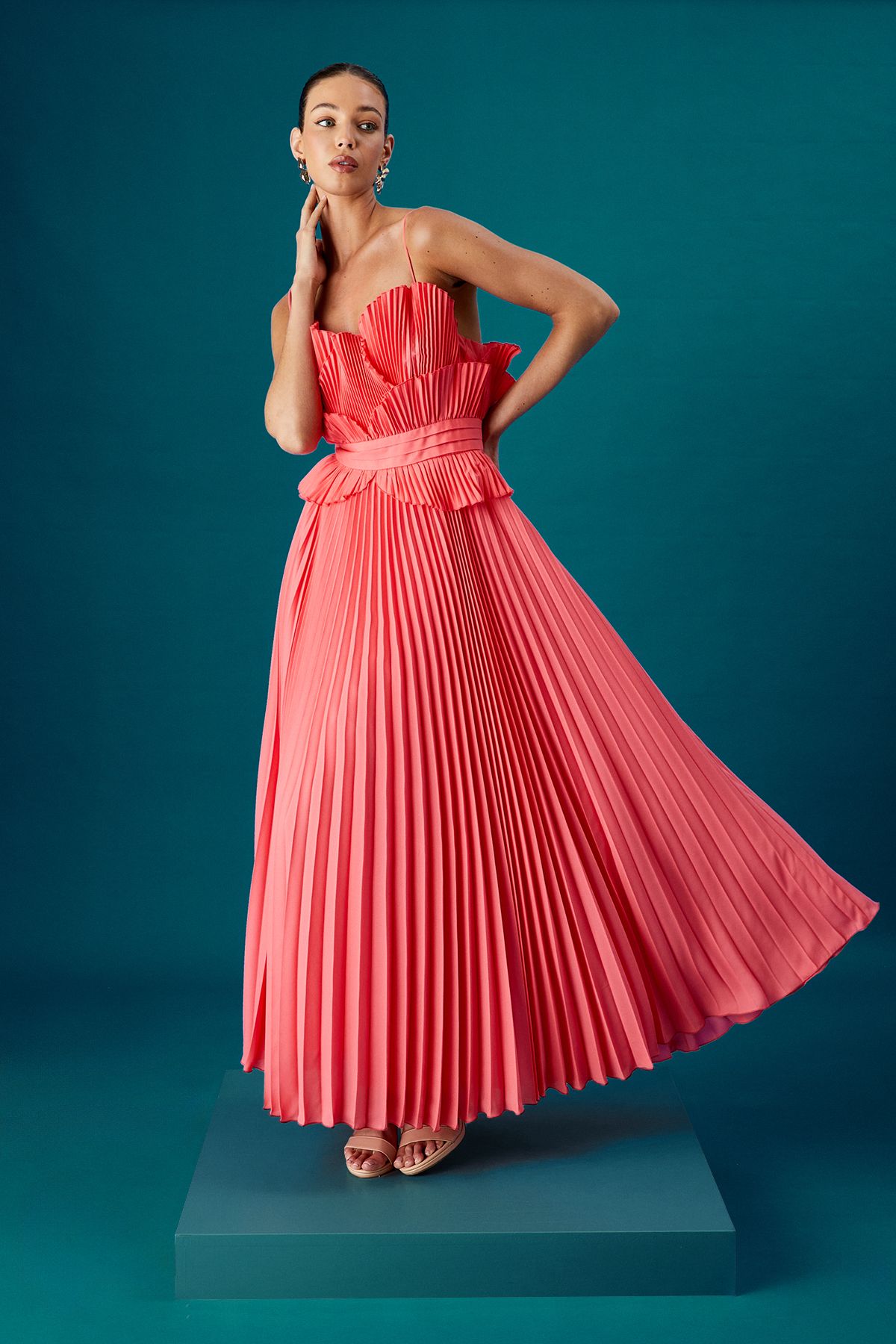 Coast Coast Muse Frill Front Volume Midi Dress Coral image 1