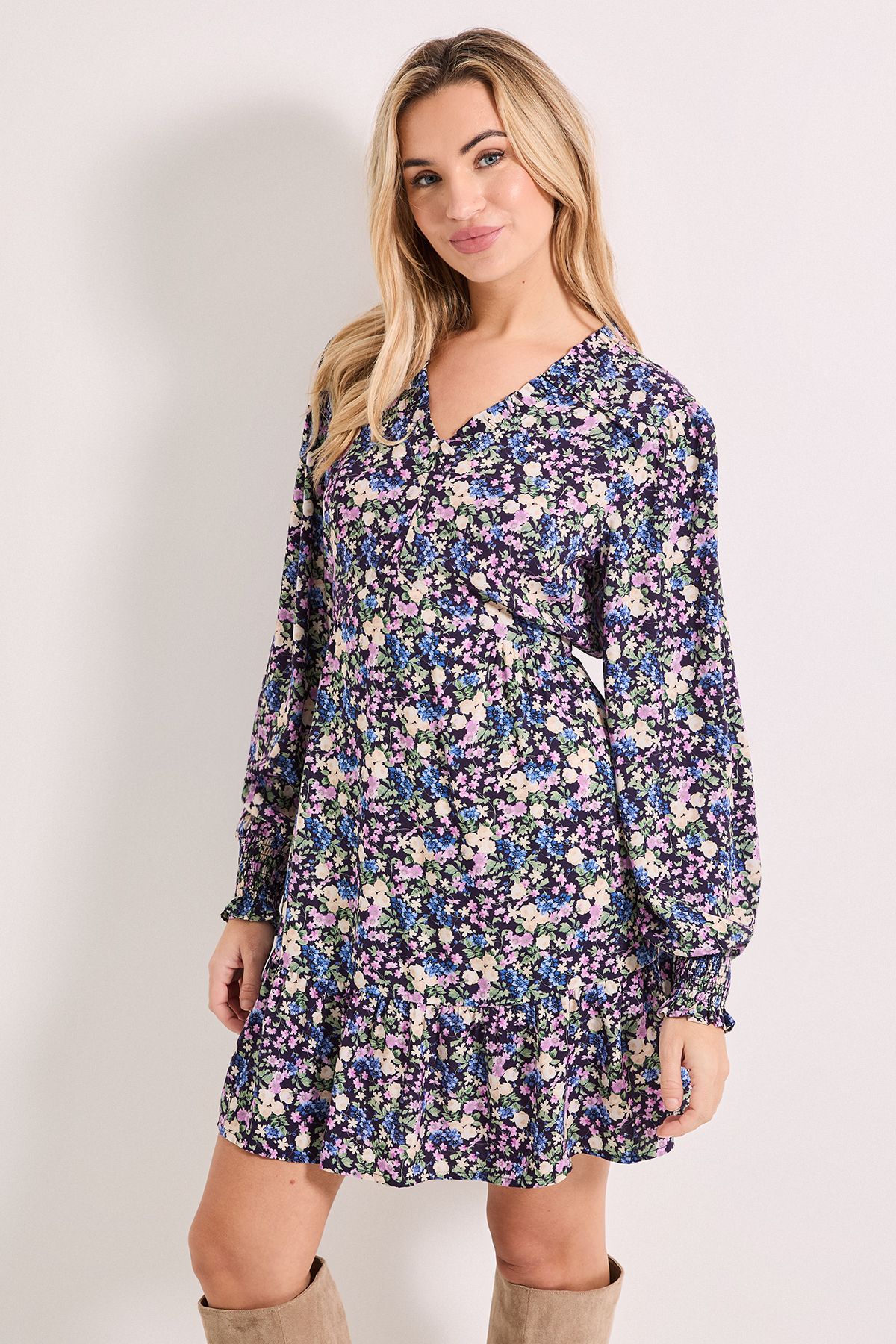 Dorothy Perkins Frill Detail Tiered Smock Printed Mini Dress Purple image 1