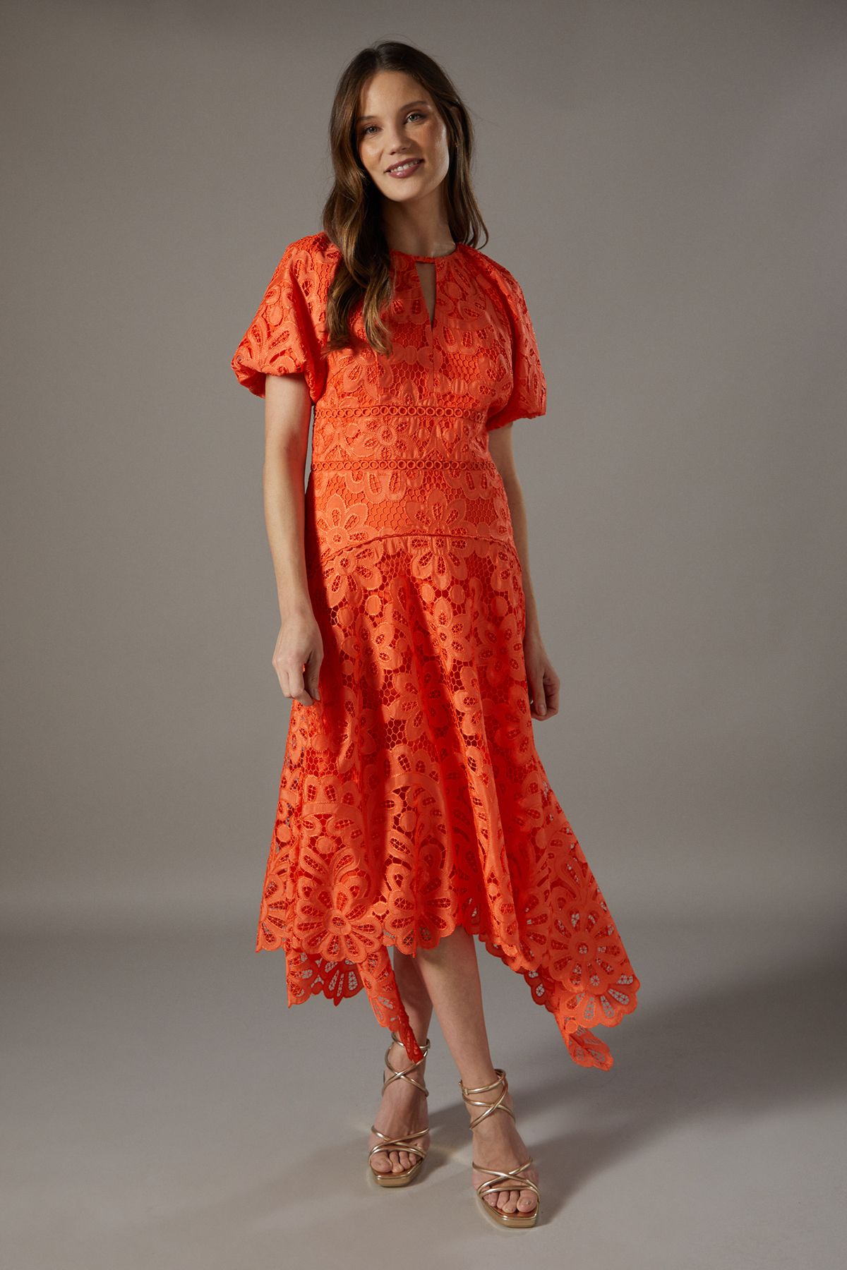 Coast Lace Detail High Low Midi Dress Orange image 1