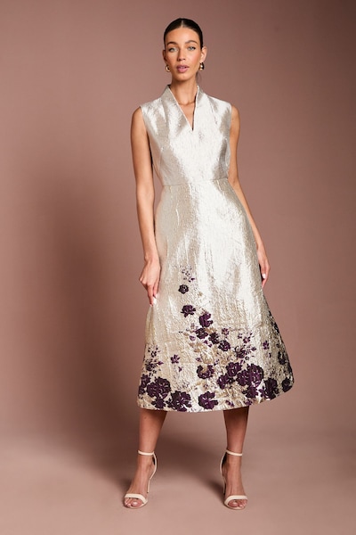 Coast Notch Neck Floral Border Print Jacquard Midi Dress Champagne