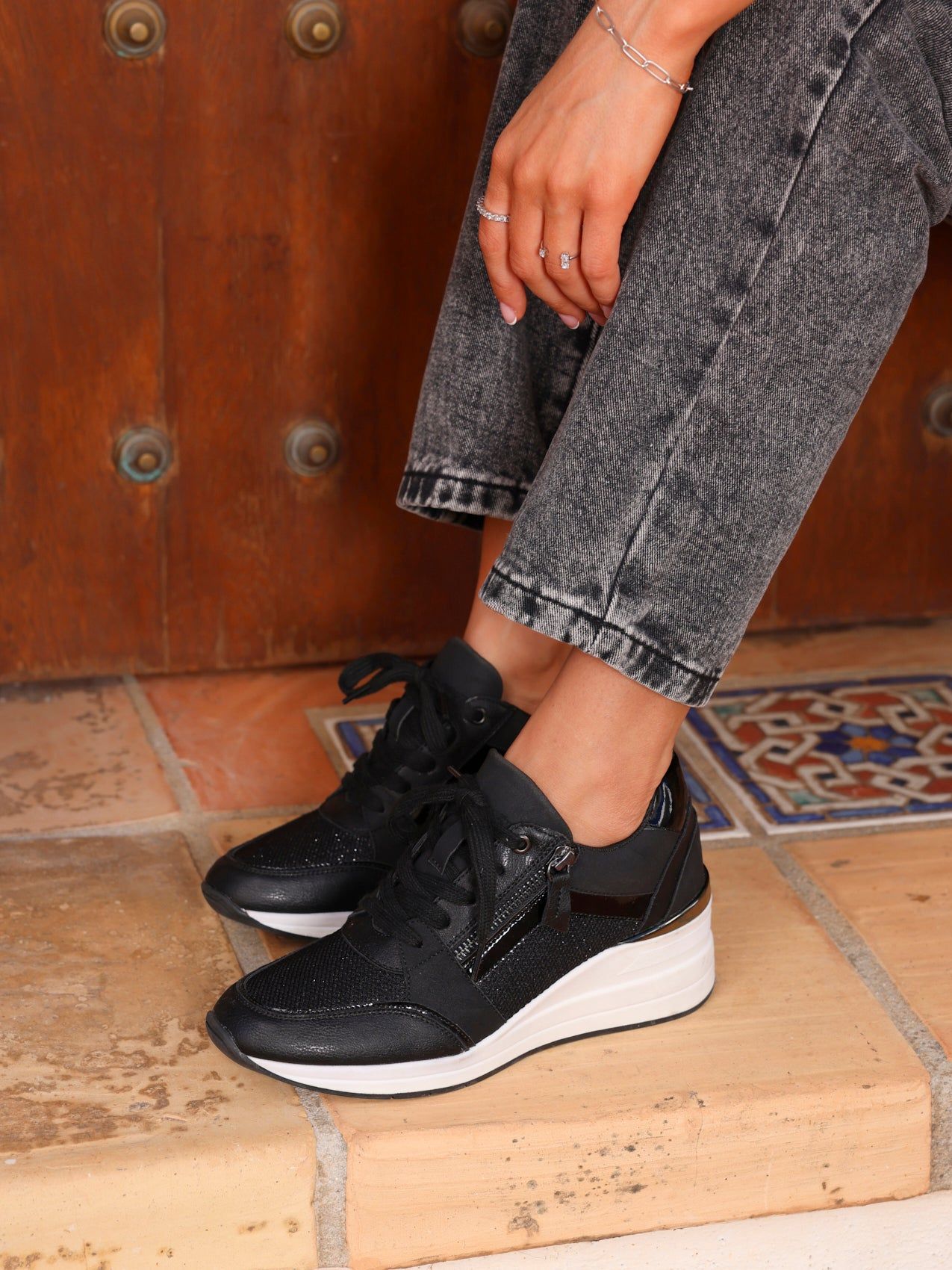 Linzi Everett Black Glitter Wedged Trainer image 2