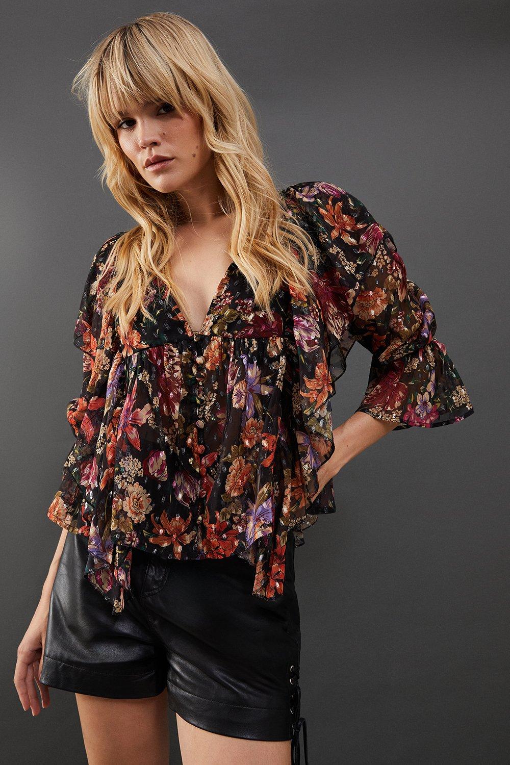 Warehouse Metallic Dobby Button Front Ruffle Detail Blouse image 1